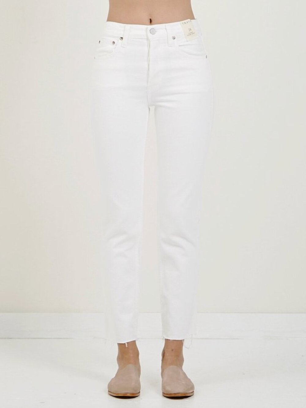 Trave Constance Slim Straight Tapered Raw Hem High Rise Ankle Jeans White, 28